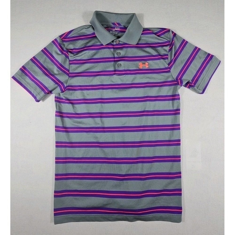 Under Armour Heat Gear Loose Golf Polo Shirt Mens Small Gray/Purple/Pink
